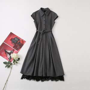 2022 Fall Autumn Sleeveless Lapel Neck Grey Solid Color Belted Panelled Mid-Calf Dress Elegant Casual Dresses 22G032345 Plus Size XXL