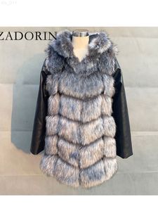 Zadorin Fashion Winter Fur Casacos Mulheres Couro removível de capa de peles Faux com capuz Frent Front Faux Fur Coat T220716