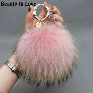 Lyx 15cm Fluffy Real Fox Fur Ball Pom Poms Fur Pompom Ball Högkvalitativ Keychain Nyckelkedja Metallring Hänge för kvinnor F281 AA220318