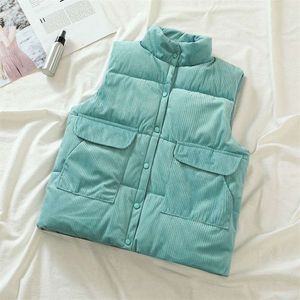 Vintage Corduroy Jacket Vest Women Autumn Winter Sleeveless Parkas Loose Cotton Padded Puffer Jacket Warm Waistcoat Female Tops 220815