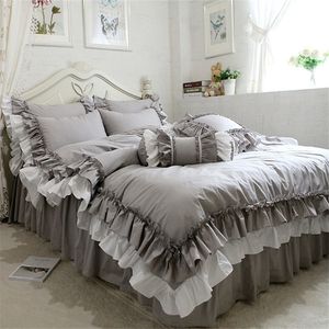 New European double layers bedding set ruffle duvet cover bedding wrinkle bedspread bed sheet for wedding decorative bed clothes T200409