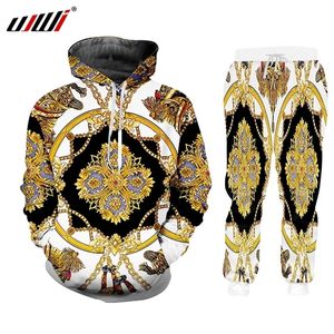 Ujwi Luxury Golden 3D Print Men's Winter Jackets Suit Sportknapp T-shirt Pants 2 Piece Outfits Tracksuit Men/Women Set 201128