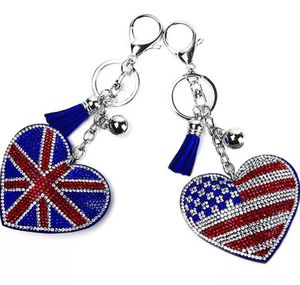 2022 Творческий британский и американский флаг шаблон Ключные кольца с заполненными горный хрусталь мода сумка кулон женские багажные автомобильные аксессуары RRA12987