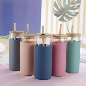 DHL 20oz Single-Wall Tumbler Protective Sleeve Wood Lid Glass Cup Bottle with Straw Outdoor Tea Juice Cup Drinkware