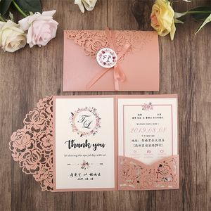 50шт -лазерные приглашения на свадьбу розовые синие карманные поздравительные открытки Lope индивидуальная вечеринка с лентой и меткой 220711