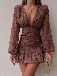 Spring Casual Long Lantern Short Dress Ladies 2022 Elegant Polka Dots Printed Mini Dress New Women Sexy Deep V-Neck Slim Dress Y220401