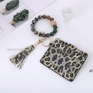 Bead Armband Leopard Print Pu Leather Armband Tassel Party Favor Keychain Card Case ID Bag Coin Purse Wristlet Keychains Handväska
