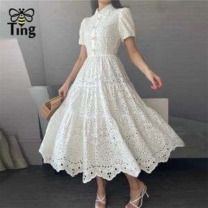 Tingfly Vintage Elegant Women Summer Embroidery Hollow Out Midi Long Dresses Lady Boho A Line Vestidos Elbise Frocks Za 226014