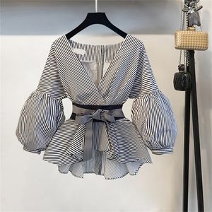 Lantern Sleeve Blouse Shirt Women Fashion Korean Style Summer Bow V-neck Striped Shirt Elegant Ladies Tops Female Clothing 220716