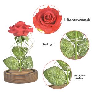 LED Light Beauty Beast Red Artificial Flowers Rose In Glass Dome Romantiska gåvor till Valentine Mothers Day Christmas Home Decor 201203