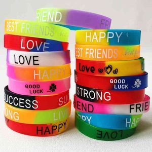 60 PÇS Pulseira de Silicone com Estampa de Letras Inteiras Lote Amor Amizade Design Pulseira Moda Senhora Homens Mulheres Elástico Jóias