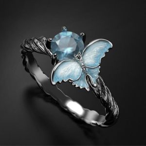 Cluster Rings Antique Silver Pure Emamel Ring 925 Sterling Blue Sapphire Butterfly Anniversary Gift Engagement