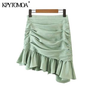 kpytomoa女性シックなファッションドレープされたフリルの非対称ミニスカートビンテージハイウエストジッパーメススカートMujer 210311