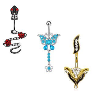 14G Rose Snake Fox Butterfly Flower Body Belly Button Rings Zircon Dangle Heart Claw Navel Barbell for Women and Girls