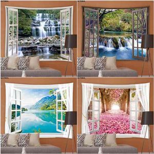 Finestra Paesaggio Tappeto da parete Foresta naturale Cascata Hippie Sfondo Tappeti Camera da letto Giardino Tovaglie Decor J220804