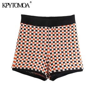 Kpytomoa kvinnor mode jacquard check stickade shorts vintage hög elastiska midja patchwork kvinnliga korta byxor mujer 220419