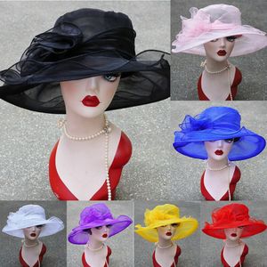 Frühling Mesh Rüschen Blume Frauen Kentucky Derby breite Krempe Hochzeit Kirche Hut Sonnenhut