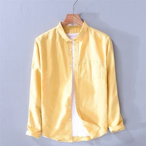 Новое прибытие Longsleeved Brand Shirt Men Men Fashion Spring Lemonyellow Solid Shirt Mens повседневные льняные рубашки мужская химиза T200319