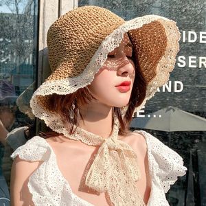 Breda randen hattar HT3572 Sun Hat Women Spring Summer Lace Beach Cap Lady Band Packable Bucket Straw Eger22