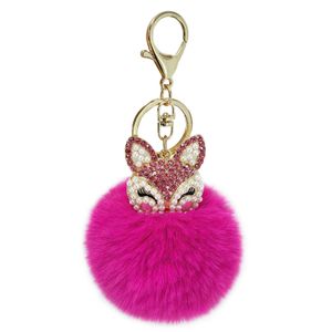 Bulk Price Colorful Rhinestone Keychains Pearl Fox Head Imitation Rex Rabbit Fur Ball Key chain Pendant Ladies Bag Keychain Accessories