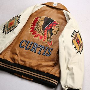 The Indian chief CURTIS embroidery cowhide leather bomber jacket Yellow and white color matching AVIREX