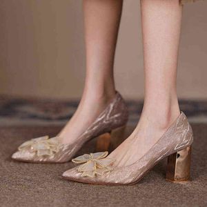 Dress Shoes Crystal Bowknot Pumps Women Pointed Toe High Heels Prom Woman 2022 Spring New Slip on Gold Heeled Party Mujer 220507