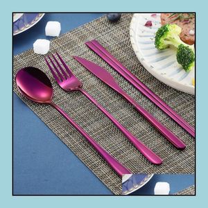 Flatware Sets Kitchen Dining Bar Home Garden Ll Korean Stainless Steel Long Handle Knife Fork Spoon Chopst Dh4Tj