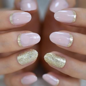 False Nails Golden Glitter Simple Design Pressione em géis de arte de capa de capa completa média de amêndoa lindas unhas echiq