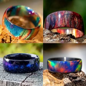 Moda Doğal Gökkuşağı Opal Yüzük Renk Değiştirme Rinnleri Karbon Fiber Astar Iridescentwedding Nişan Yüzüğü
