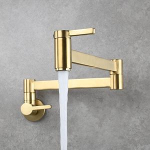 Kitchen Faucets Pot Filler Tap Wall Mounted Foldable Faucet Single Cold Hole Sink Rotate Folding Spout Brushed Gold Brass