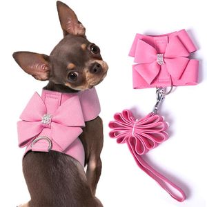 Obroże dla psów smycze małe uprzęże z setem ołowiu chihuahua Yorkshire Rhinestone Princess Girl Pink Pet Walking Collar for Puppy Cat Accesso