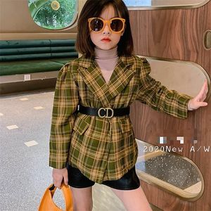 Mädchenanzug Herbst Koreanischer Stil Kinderanzug Plaidjacke Bottoming Shirt All-Match-Ledershorts LJ201125