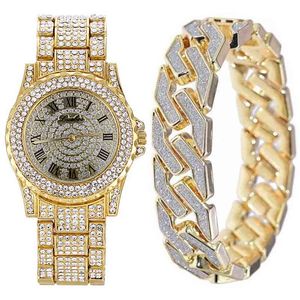 Bt Gift Selection Men's Fashion Luxury Bracelet + Steel Band Quartz Cuban Hip Hop Watch Set Boutique Packaging