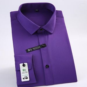 Men's Dress Shirts Purple Silk Cotton Shirt Men Spandex Office Formal Slim-Fit Social Safari Japan Model Business Solid Camisas Vere22