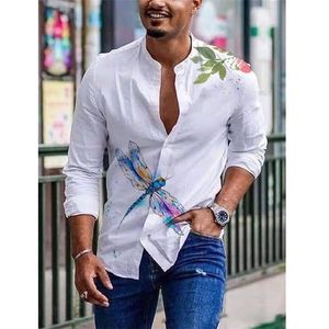 Mannen overhemden lente zomer vintage bedrukte lange mouwen dunne knop imitatie linnen losse shirt voor mannen groot formaat casual kleding 220412