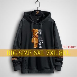 Plus Rozmiar Męskie Bluzy Drukowanie Anime Kobiety Harajuku Streetwear Oversized Bluza Odzież Styl Długi Kapturem Czarny Niedźwiedź 8XL 220402