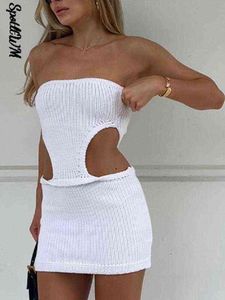 Straplez Örgü Bodycon Elbise Plaj Kadınlar Beyaz Oymak 2022 Yaz Kolsuz Mini Parti Elbiseler Seksi Y2K Backless Kıyafetler Y220413
