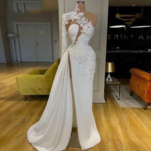 Party Dresses High Slit Mermaid Evening One Long Sleeves Appliques Lace Luxurious Soft Satin Women Special OccasiParty