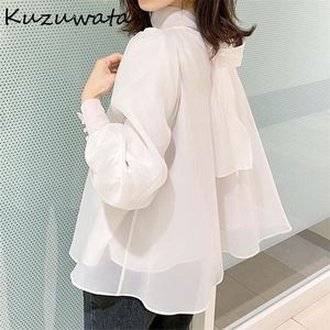 Kuzuwata Chic Voile Laterne Langarm Bogen Kordelzug Shirts Frühling Süße Frauen Bluse Frische Ästhetische Femme Blusas 210308