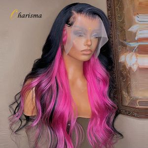 Parte Lateral Ombre Rosa Lace Front Peruca Para Mulheres Negras Body Wave Lace Frontal Perucas Sintéticas Cabelo Resistente ao Calor