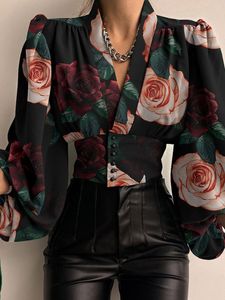 V Print Print Women S pluse plouse pleateged Lantern Long Sleeve Button Button Female Shirt Spring Summer Street Strets Top 220810