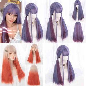 Long Straight Wig with Bangs Gold Gradient Orange Color Synthetic Lolita for Women High Temperature Wire Cosplay 220622