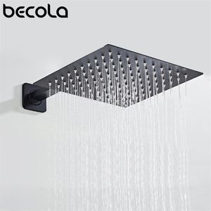 BECOLA Black Chrome Square Rain Shower Head Ultrathin 2 mm 10 polegadas Escolha do banheiro Teto do teto Montou o braço do chuveiro 220510