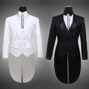 Jacka bältes bälte manlig bröllop brudgum swallowtail kostym prom svart vit tuxedo formella klänning kostymer tre stycken set män kostymer sångare dansare prestationshow