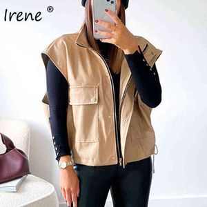 Irene sem mangas Jackets de couro Faux Women Autumn Winter Fashion Pockets Zipper Pu Cole Casat Jackets 2020 Streetwear L220728