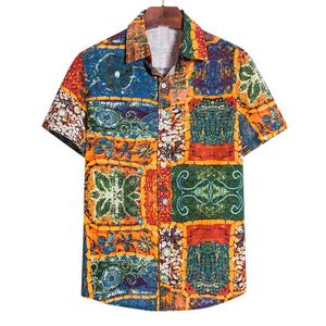 Herr t shirts herrar bomullslinne kort ärm avslappnad tryckt hawaiian skjorta blus t shirt gul knapp ner långärmare