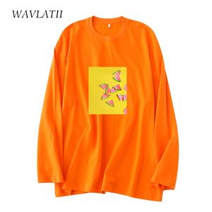 Wavlatii Lady 100% bawełniane T-shirty z długim rękawem Kobiety Orange Printed Casual Tees Tops na jesienną wiosnę WLT2122 220511