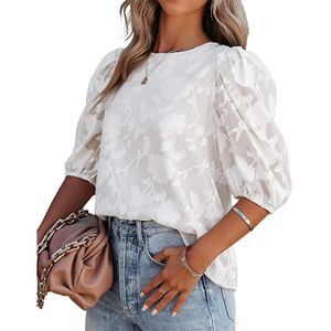 Women Crew Neck Chiffon Bluses Print Floral Short Sleeve Summer Casual Loose Work Shirts Blus Tops