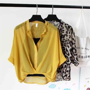 Damer Two Piece Set Leopard Chiffon Shirts Summer Half Sleeve Loose V-Neck Women Casual Blus Sexig plus Size Rands Tops 210326