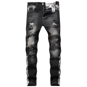 Jeans de ajuste fino reto Biker Hole para homens outono e inverno calças elásticas rasgadas moda casual calças jeans pantalones